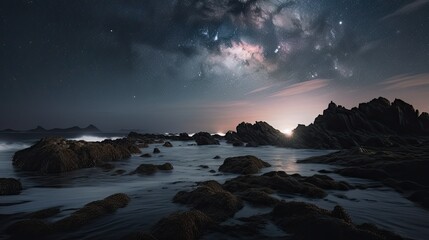 Poster - Milky Way and mountains at night. Beautiful landscape with bright milky way arch, rocky path, starry sky at night in Nepal. Trail in mountain valley, sky with stars. Generative Ai