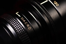 Closeup of Metal black macro lens, Old lens marking.