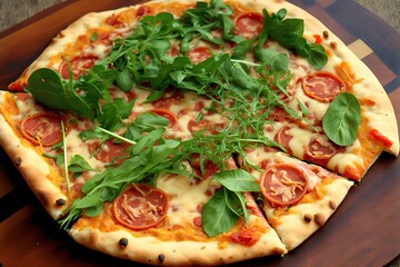 Sticker - Pizza on thin dough with circles of sausage liberally sprinkled with lettuce leaves, created with generative ai