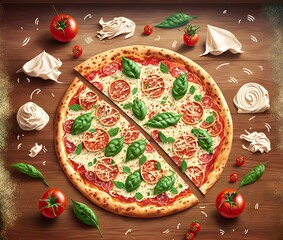 Poster - Pizza on thin dough with circles of pink sausage, tender cheese and tomatoes, created with generative ai