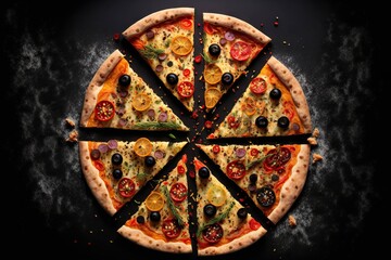 Poster - Cut cheese pizza with peppers, olives and delicious tomato sauce, created with generative ai