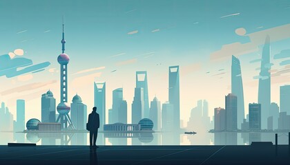 Sticker - Businessman standing looking Shanghai city view, flat illustration background. Generative Ai.