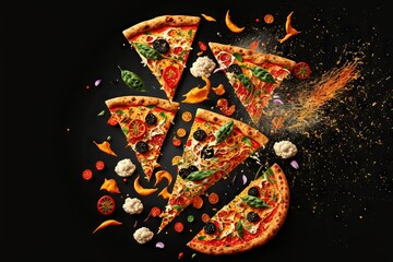 Poster - Cut pieces of pizza with vegetable filling laid out at edges isolated on black background, created with generative ai