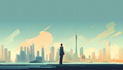 Poster - Businessman standing looking Shanghai city view, flat illustration background. Generative Ai.