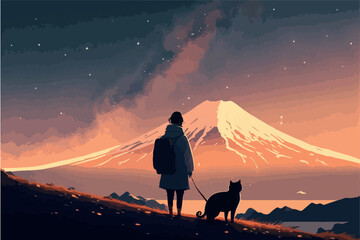 Wall Mural - Girl looking at the mount fuji during the night. Vector art of anime woman stargazing. Beautiful atmospheric moody landscape. Relaxing scenery. Sad sihouette drawing. Japanese landmark. Japan nature.