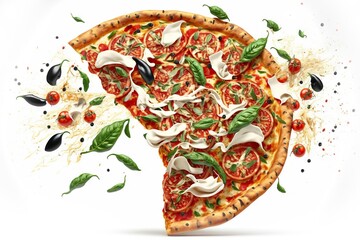 Poster - Delicious vegetable pizza with mozzarella cheese isolated on white background, created with generative ai