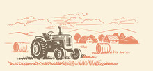 Tractor With Hay. Rural Farm Landscape