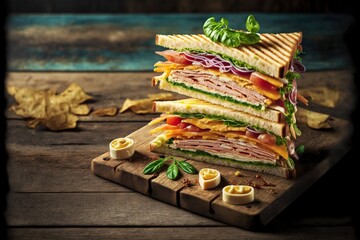 Poster - Traditional club breakfast sandwich with vegetables and meat on table, created with generative ai