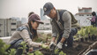 Urban farmers working in an urban garden on a roof poster - Fictional Person, Generative AI