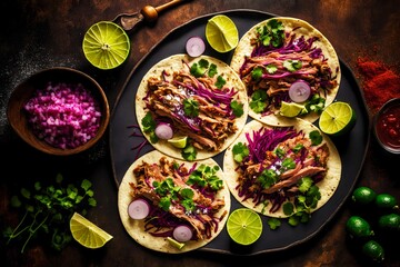 Poster - Preparation of tacos with onions, minced meat and lime on table, created with generative ai