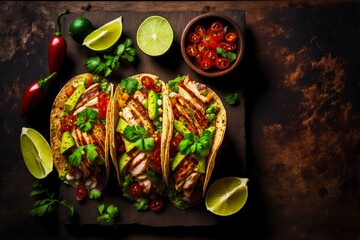 Poster - Traditional Mexican taco dish in tortilla with salsa vegetables, lime beef and avocado, created with generative ai