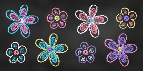 Wall Mural - Set of Design Elements Flowers of Different Colors Isolated on Chalkboard Backdrop. Realistic Chalk Drawn Sketch.