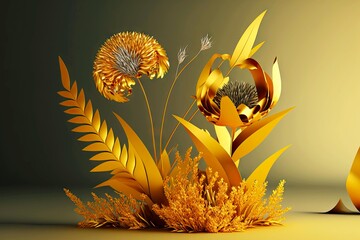 Wall Mural - Three-dimensional composition of golden yellow 3d rendering paper flowers on table, generative ai, created with generative ai