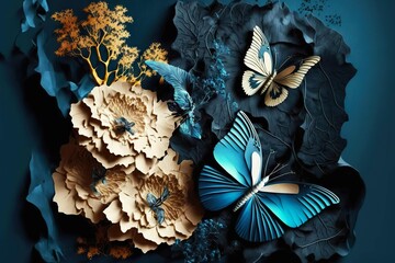Wall Mural - Dark green with golden applique of 3d rendering paper flowers and butterflies, generative ai, created with generative ai