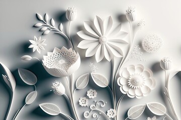 Wall Mural - Snow-white 3d rendering paper flowers as artistic applique on white background, generative ai, created with generative ai