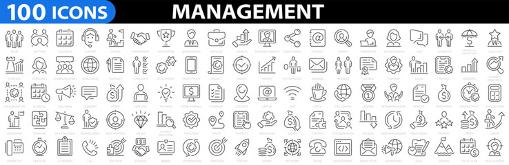 business management 100 icons set. outline icon collection. time management and planning concept, ma