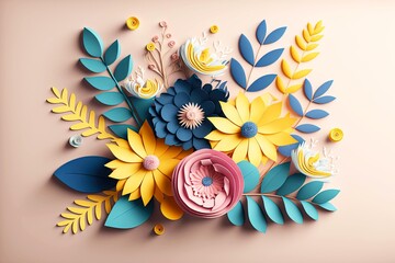 Wall Mural - Delightfully beautiful floral composition of yellow and pink 3d rendering paper flowers, generative ai, created with generative ai