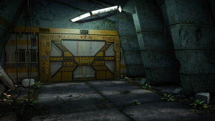 Wall Mural - grungy futuristic cyberpunk underground tunnel with large closed door. 3d illustration.