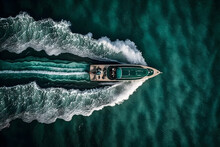 Aerial View Of A Small Luxury Yacht On The Blue Sea - Generative Ai