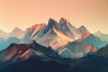  A Painting Of A Mountain Range With Trees In The Foreground And A Sunset In The Background, With A Pink Sky And A Few Clouds.  Generative Ai