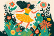 A woman in a miniskirt twirls happily in a field of bright flowers. An illustration capturing the positivity and self-expression of wearing a miniskirt. Generative AI