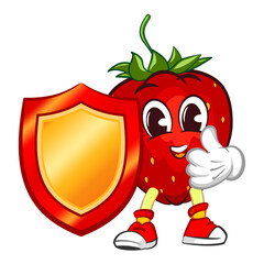 Wall Mural - mascot character vector illustration of strawberry with shield