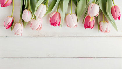 Canvas Print - tulips over shabby white wooden table, AI Generated