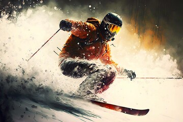 Canvas Print - Extreme lifestyle skiing skier in alps descending from mountain at speed, generative ai, created with generative ai