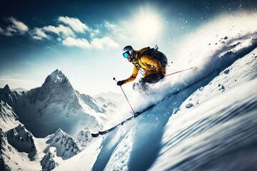 Canvas Print - Athlete skier descending from cold snow-capped mountain against backdrop of sunny sky skiing, generative ai, created with generative ai