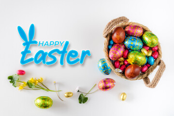 Wall Mural - Happy Easter background. Easter banner for web. Easter bunny and decorated eggs 2d flat design illustration.