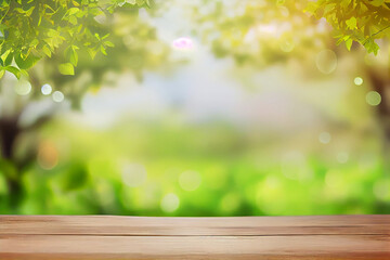 Beautiful spring background with green juicy young foliage and empty wooden table in nature outdoor. AI Generated