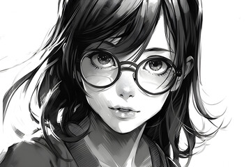 Wall Mural - Cute anime girl portrait, black and white colors, sketch style, Generative AI