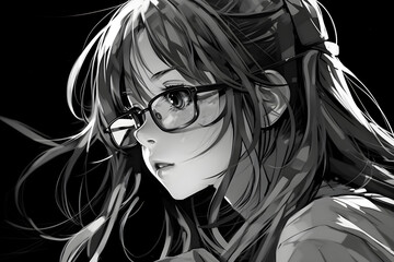 Wall Mural - Cute anime girl portrait, black and white colors, sketch style, Generative AI