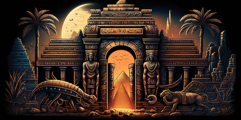 Fantasy theme of ancient Egypt, ancient colosseum, spartans, ancient massons, pyramids. Generative AI