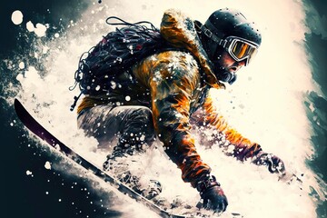 Canvas Print - Close-up skier skiing descending from mountain in snow against backdrop of sun, generative ai, created with generative ai