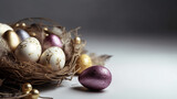 Fototapeta Tulipany - Luxury easter background with purple,white and golden eggs. Empty advertising place. Generative AI