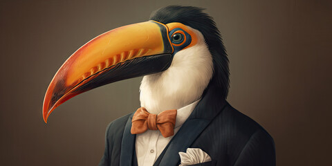 Wall Mural - Portrait of a toucan dressed in a formal business suit, generative ai