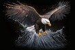 Eagle flying flush with water isolated on black background, generative ai