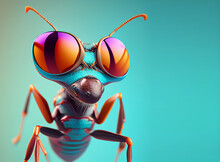 Creative Animal Composition. Ant Insect Wearing Shades Sunglass Eyeglass Isolated. Pastel Gradient Background. With Text Copy Space	
