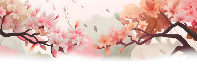 Wall Mural - Pink blooming sakura tree brunches Japandi style