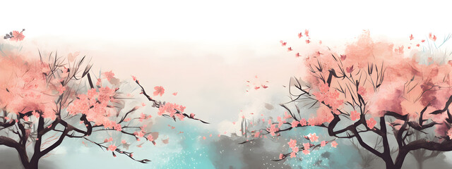 Wall Mural - Pink blooming sakura tree brunches Japandi style