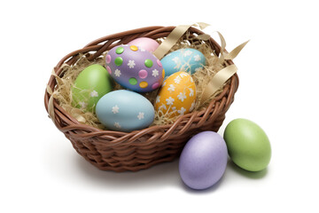 Colorful easter eggs in a basket, isolated on white background. Minimal Easter concept. Generative ai and digital editing.