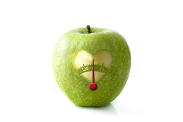 Wall Mural - Apple simulating scale with red needle and white background