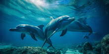 Friendly Dolphins Underwater Scene. Marine Wild Animals Illustration. Web Banner Template. Generated With Ai.
