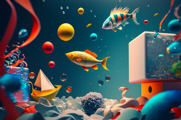 Sticker - Computer screen with fish and boat in the water and bubbles in the air. Generative AI.