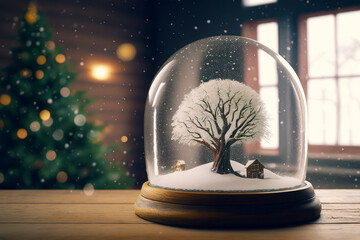 Canvas Print - Snow globe with tree and small house in it on table in front of christmas tree. Generative AI.