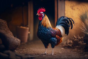 Sticker - Rooster standing on dirt ground next to potted plant in barn. Generative AI.