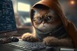 cat as a hacker trying to steal and attack data, generative ai