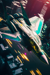 Sticker - Futuristic fighter jet flying through the air over city in the night. Generative AI.