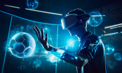 Football player wearing device VR glasses. Cyber sportsman holding hand near the ball soaring in the air. Neon images around. Generative AI.